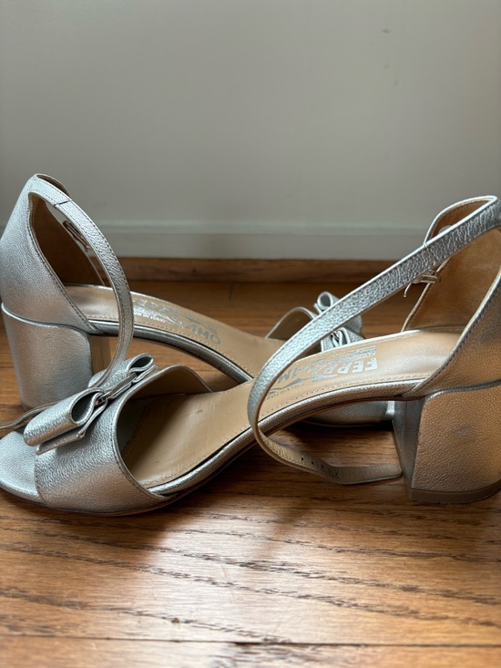 Salvatore Ferragamo Shoes - Salvatore Ferragamo Silver Open-Toe Block Heel Sandals with Bow Detail